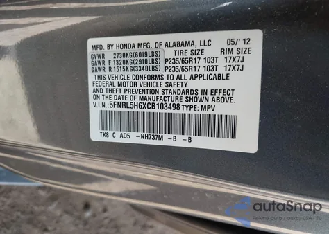 2012 Honda Odyssey Ex-L from USA, damaged, VIN 5FNRL5H6XCB103498